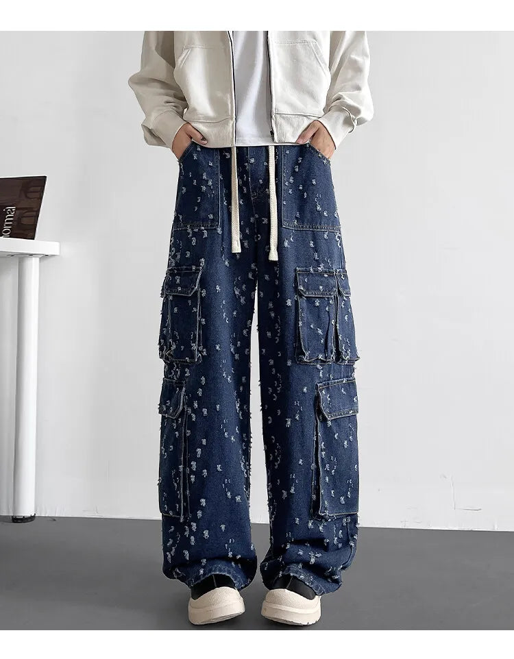 Cargo jean pants Men Wide Leg DenimLoose Straight Baggy Men's Jeans hip hop Streetwear Skateboard Neutral denim Trousers