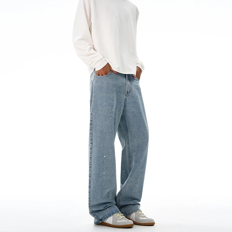 Fashion Graffiti Black Loose Wide-leg Jeans Men's Autumn New American Simple Basic Wash Denim Pants Loose Straight Trousers