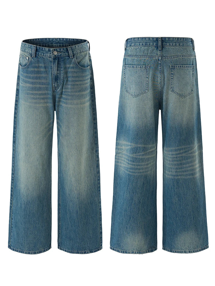 American Retro Jeans Men's Oversize Baggy Wide Legs Classic Wash Cotton Denim Pants Hip-hop Rock Streetwear Loose Trousers