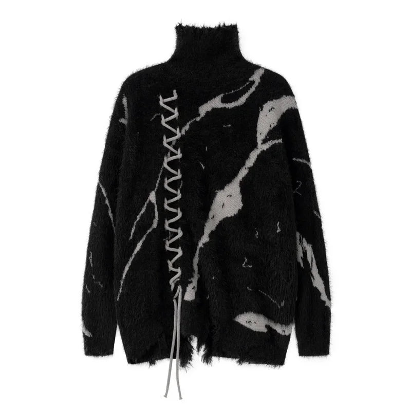 Turtleneck Sweaters Men Winter Lace-up Design Thicken Warm Pullovers Vintage Slouchy Streetwear Japanese Style Soft Personality