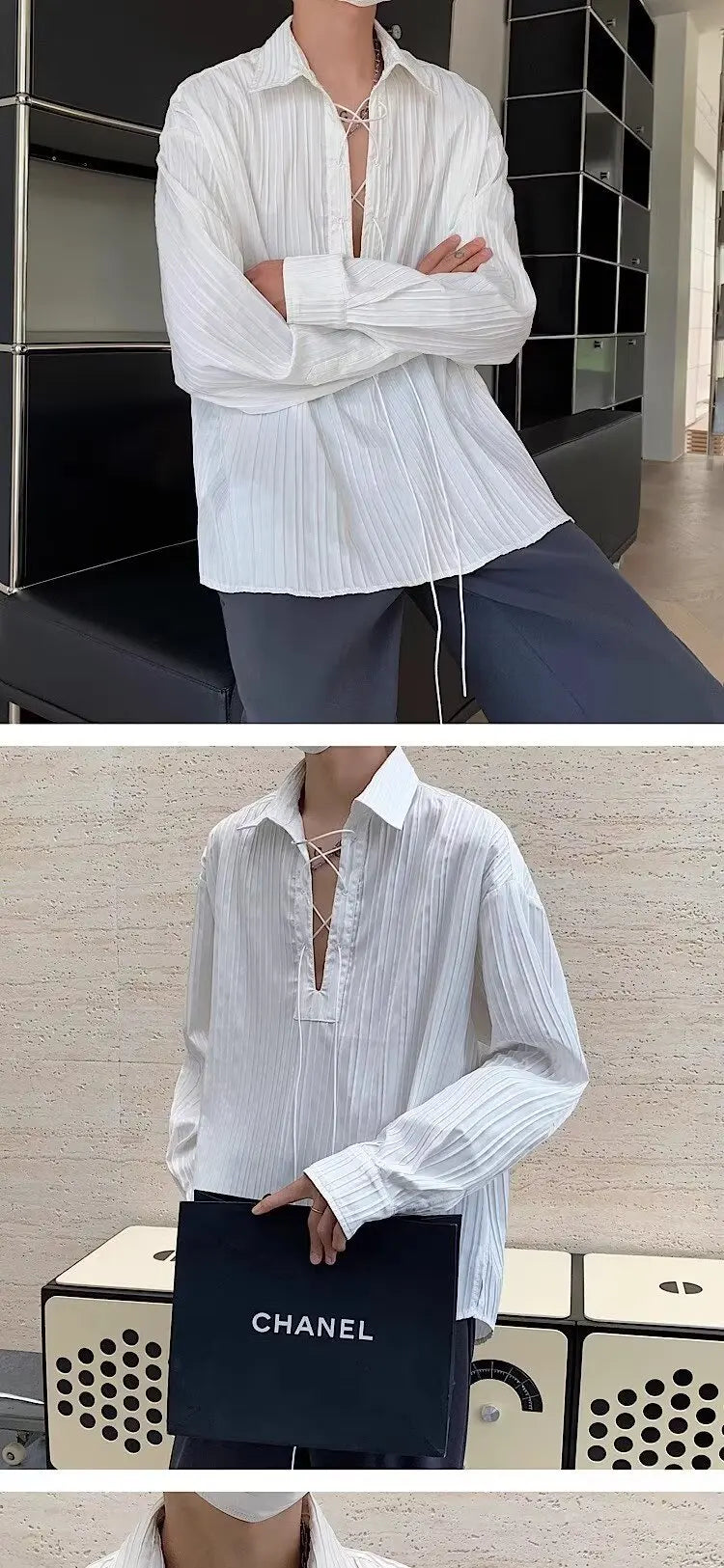 New Men's Casual Blouse Shirt Tops Long Sleeve Tee Shirt Spring Autumn Slanted Placket Vintage Shirts Renaissance Shirt