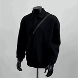 Deep Grey Polo Collar Sweatshirt Men's Spring Autumn Long Sleeve Turn Collar American Retro Jacket Loose Fit Casual Wear
