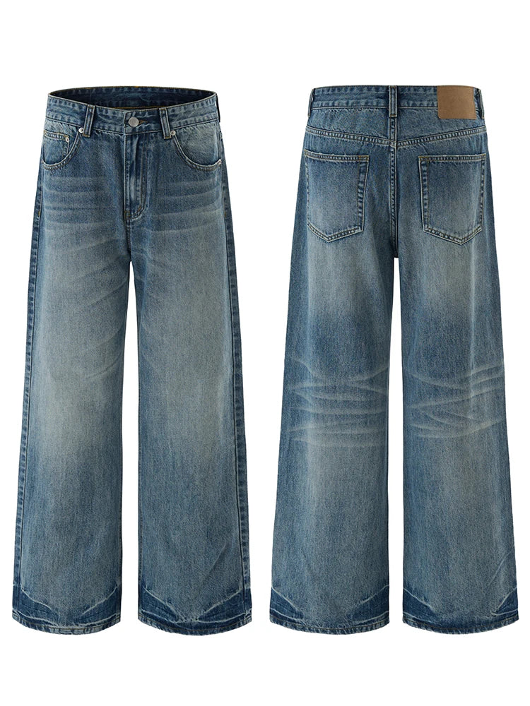 Vintage Wash Men's Loose Jeans American Cleanfit High Street Micro Flared Trousers Autumn Fashion Casual Wide-leg Denim Pants