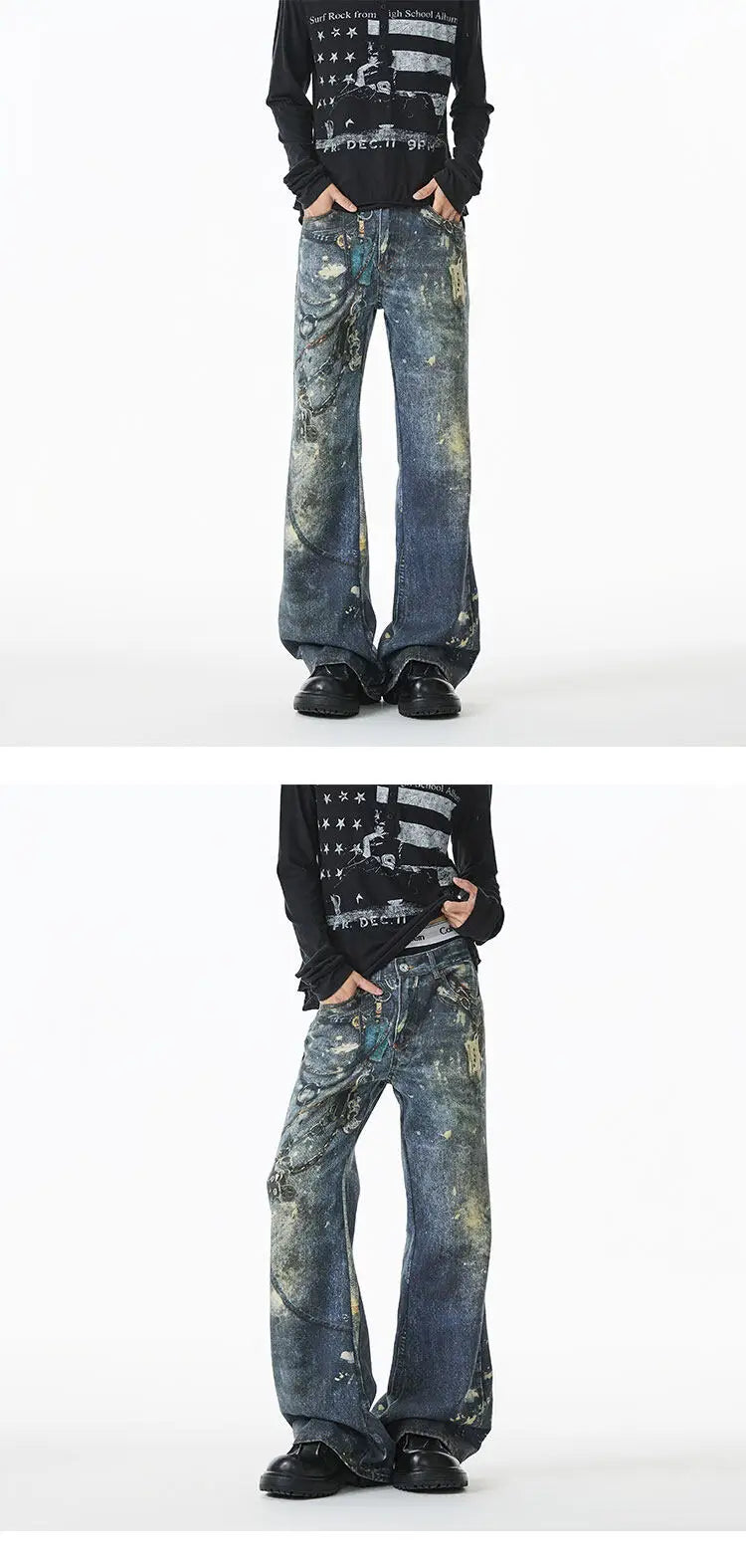 Jean Men Unique Design Graffiti Street Style Drag Jeans Urban Trendy Fashion Distressed Long Fit Casual Denim Pants Edgy Hip Hop