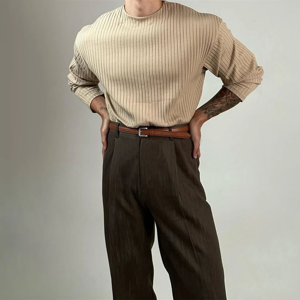 Mens Autumn Concave Convex Striped Off-Shoulder Long-Sleeved Knitted T-Shirt Gender-Neutral Casual Solid Color Loose Top Unisex