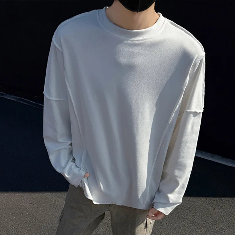 Simple Men's T-shirt Solid Color Long Sleeve Round Collar Niche Design Male Pullover Top Autumn Winter Tees