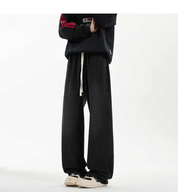 New Men's Jeans Washed Jeans Pants Unisex Drawstring Denim Pants Male Streetwear Korean Straight cylinder loose Cowboy Trousers