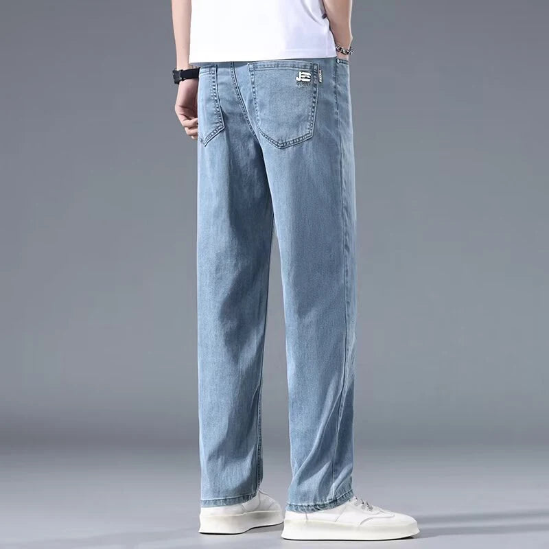 Men Comfortable Lyocell Fabric Thin Jeans Male Baggy Straight Leg Casual Denim Pants Trend Brand Daily Wide Leg Draping Trousers