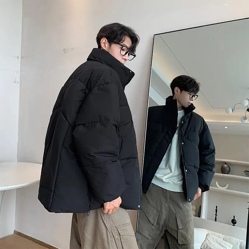 New Winter Silk-like Cotton Jackets Men Fashion Thicken Warm Parkas Couple Streetwear Loose Casual All-match Bread Coat