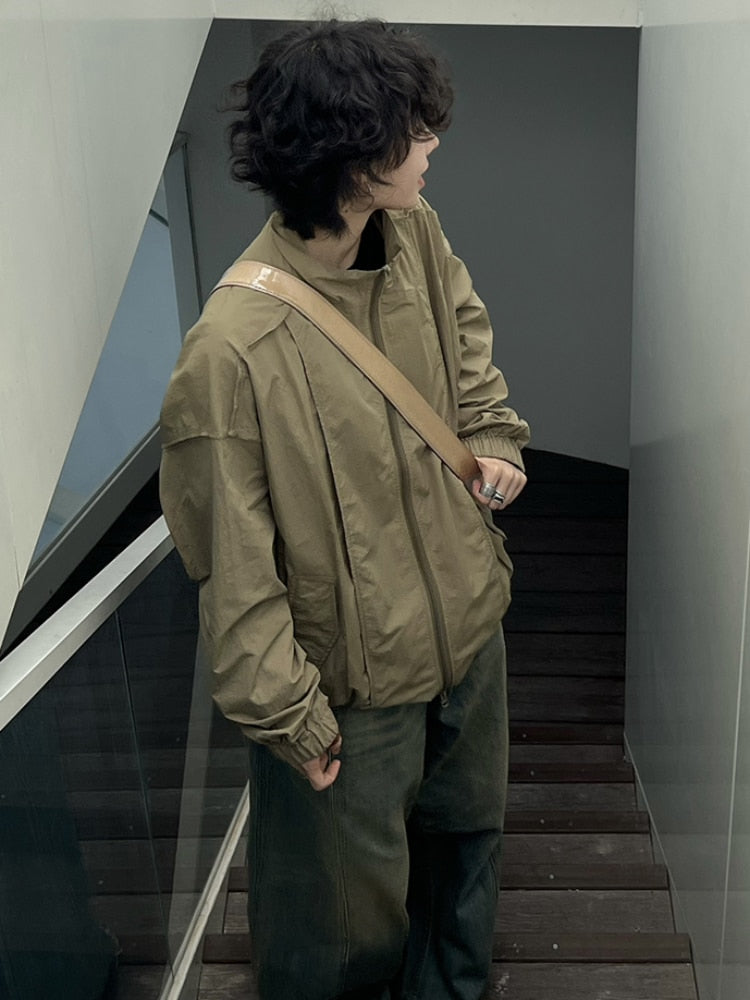 Spring Jackets Men Rib-sleeve Design Sun-proof Chic Unisex Loose Simple Japanese Style Males Outwear Basic Stand Collar Harajuku