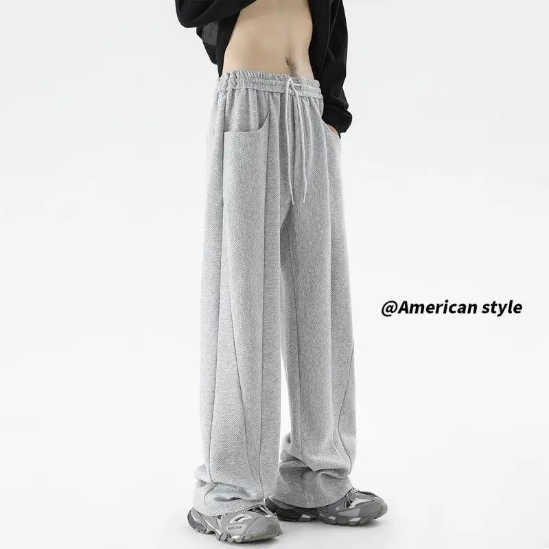 Autumn Winter New Fashion Elastic Waist Drawstring Pockets Solid Men's Clothing American Style Wide Leg Trousers All-match Pants
