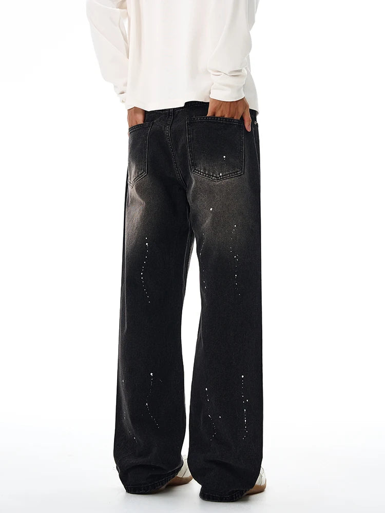 Fashion Graffiti Black Loose Wide-leg Jeans Men's Autumn New American Simple Basic Wash Denim Pants Loose Straight Trousers