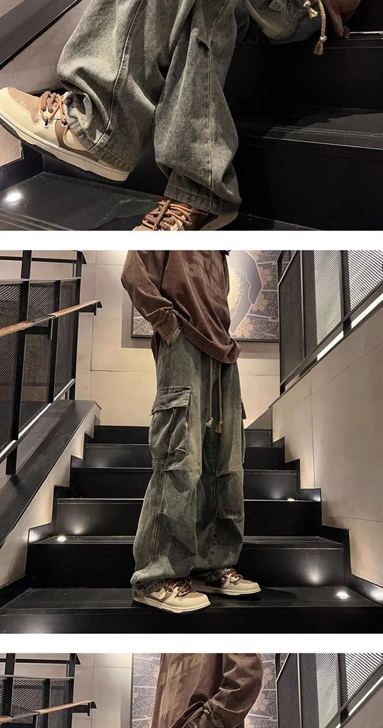 High street hip-hop men and women trendy personality large pocket straight leg washed denim jeans couple retro casual pants y2k