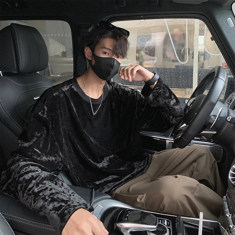 Velvet T Shirt Spring Autumn Simple Long Sleeve Tops Men's T-shirt O-neck Solid Tshirts T Shirt Men Tees Black/White