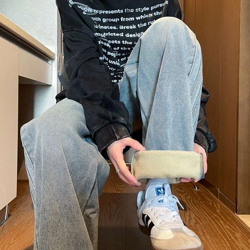 Winter Velvet Wide Leg Jeans Side Striped Straight Casual Fashion Denim Trousers Hip Hop Streetwear Warm Pants Plus Size 8XL-M