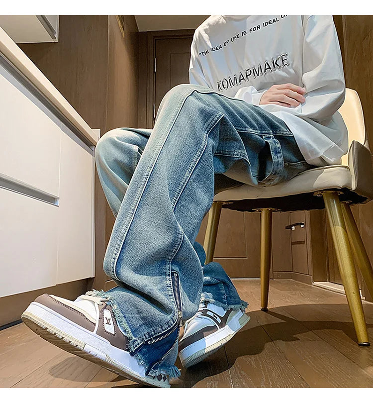 Autumn jeans men New Fashion Side Zipper Casual Jean Pants Men High Street Loose Straight Pant Mens Vintage All-match Trousers