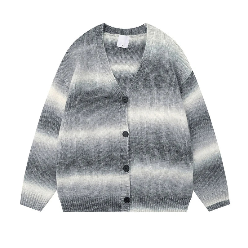 Winter New Gradient Men's Cardigan V-neck Single Breasted Fashion Casual Loose Sweater Couple Street Hip-hop Clothing Oversized