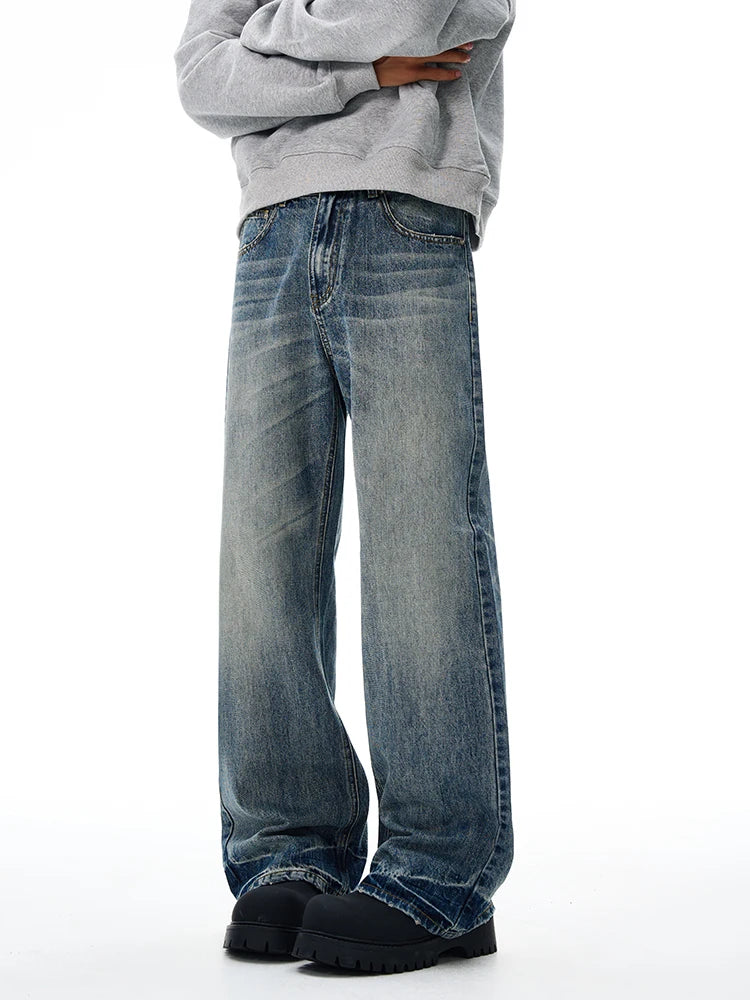 Vintage Wash Men's Loose Jeans American Cleanfit High Street Micro Flared Trousers Autumn Fashion Casual Wide-leg Denim Pants