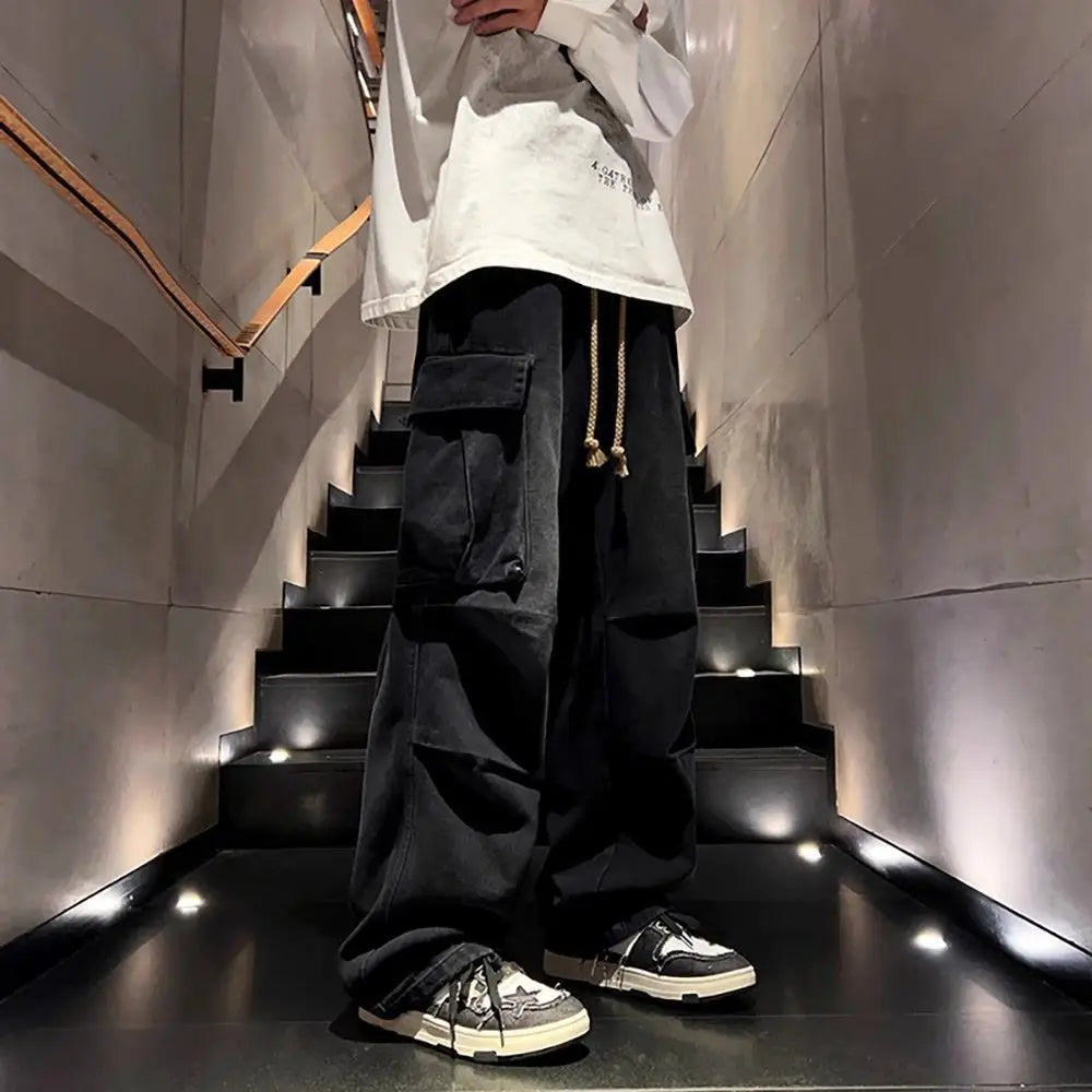 High street hip-hop men and women trendy personality large pocket straight leg washed denim jeans couple retro casual pants y2k