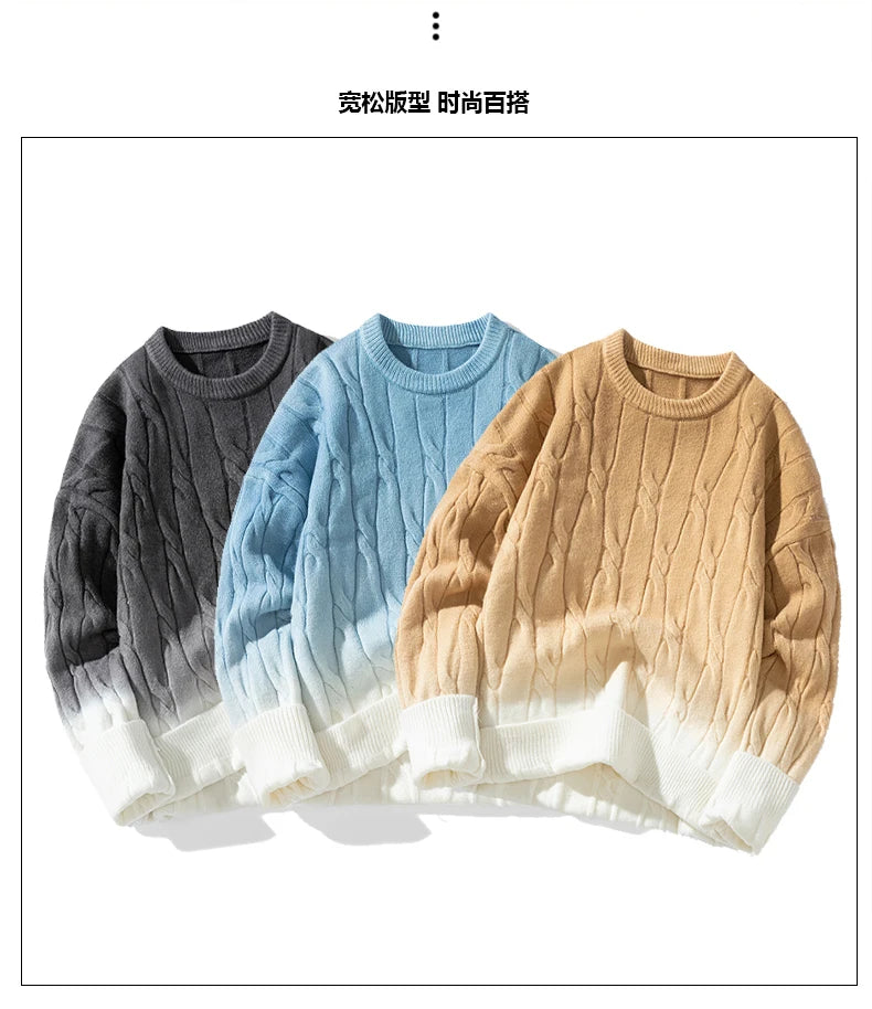 Korean Gradient Knitwear Loose Chunky Twist Knit Pullover 2024 New Round Neck Sweater Autumn Winter Warm Couple Tops