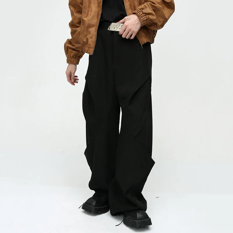 Men's Trousers Solid Color Niche Design Pleated Splice Loose Trend Male Casual Baggy Pant Wide Leg High Street