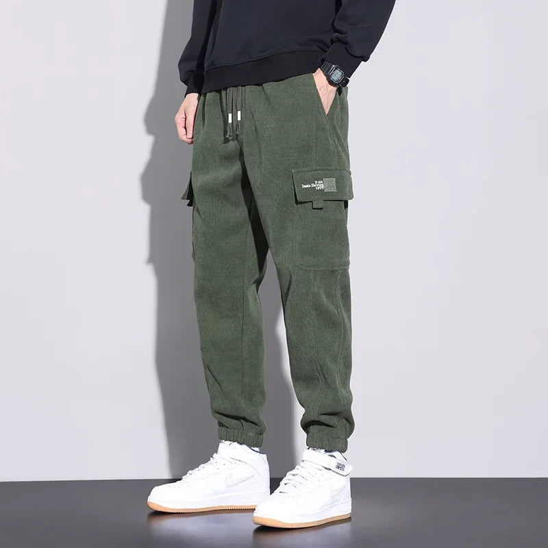 Autumn New Men's Corduroy Cargo Harem Pants Fashion Korean Embroidery Bound Feet Casual Pants Trendy Brand Male Trousers