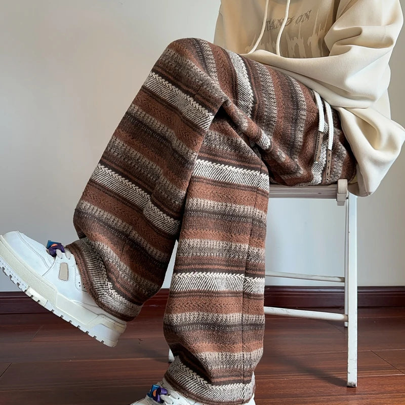 Wide Leg Pants Men Women Autumn Winter Fashion Casual Straight Pants Loose Mopping Pants Harajuku Vintage Striped Black/Coffee