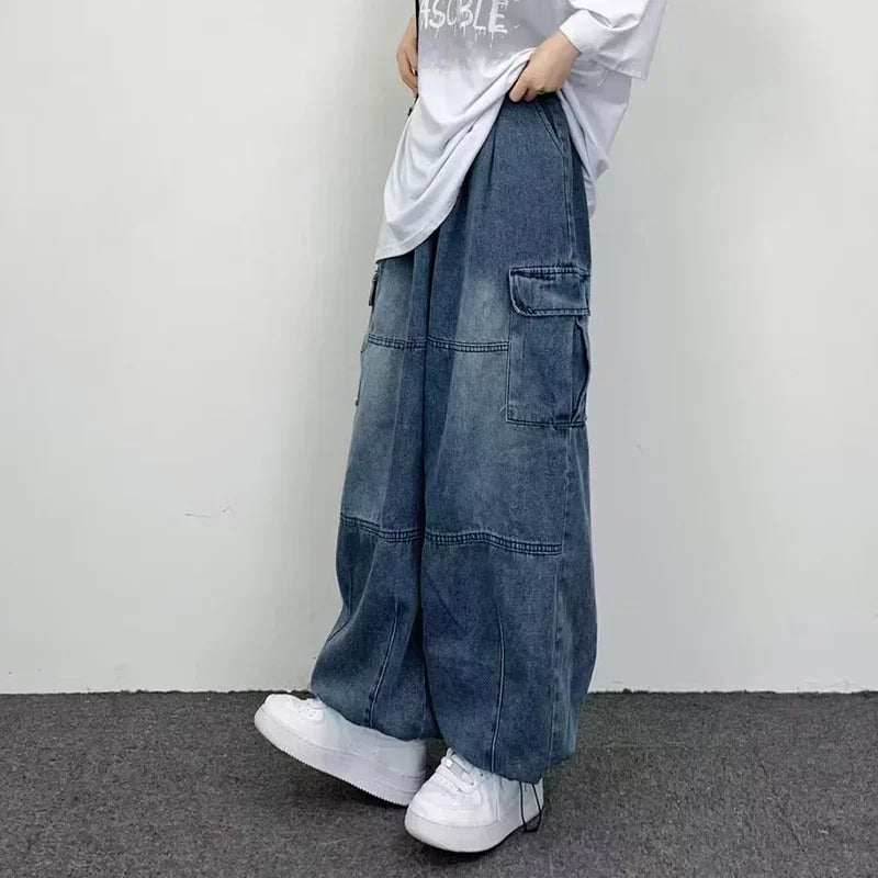 Men New Street Vintage Jeans Male Wide Leg Big Pocket Overalls Y2K Neutral Loose Straight Leg Casual High Street Hip Hop Pants
