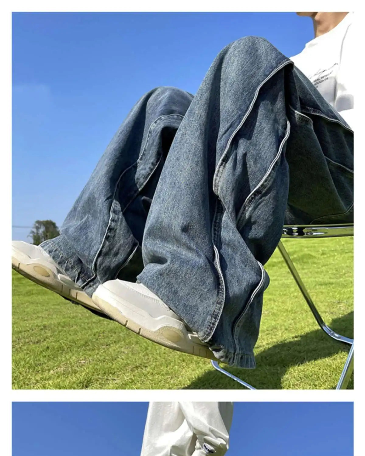 American High Street Jeans Men's Striped Patchwork Denim Pants Summer Loose Straight High-end Retro Versatile Wide-leg Trousers