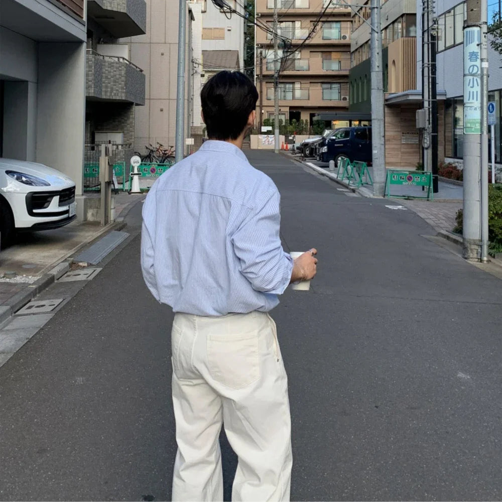 Oversized Men's Niche Striped Shirt, Spring&Autumn Fashion All-Matching Long Sleeve Shirt Coat, Korean Casual Unisex Outdoor