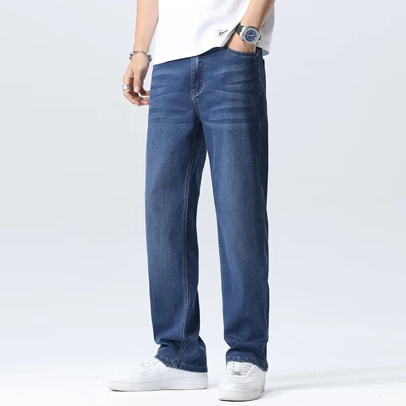 Men Comfortable Lyocell Fabric Thin Jeans Male Baggy Straight Leg Casual Denim Pants Trend Brand Daily Wide Leg Draping Trousers