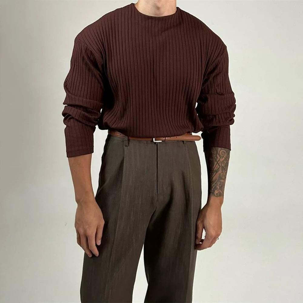 Mens Autumn Concave Convex Striped Off-Shoulder Long-Sleeved Knitted T-Shirt Gender-Neutral Casual Solid Color Loose Top Unisex