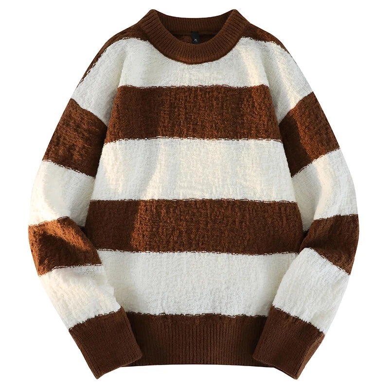 Men's New Black and White Striped Sweater Men's Autumn and Winter Loose Pullover Casual Top Men's Homestay Casual Warmth