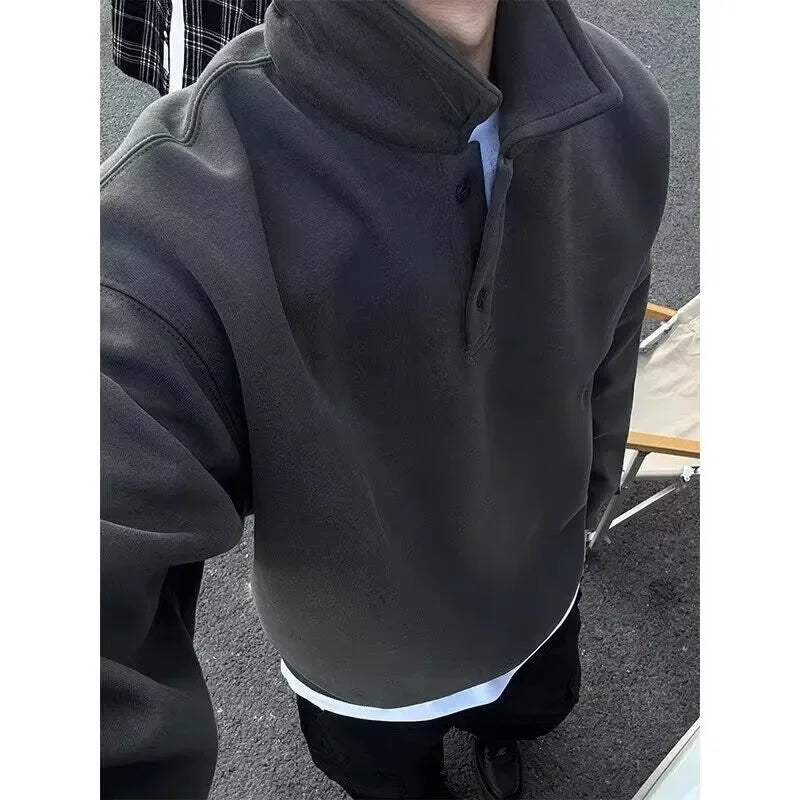 Deep Grey Polo Collar Sweatshirt Men's Spring Autumn Long Sleeve Turn Collar American Retro Jacket Loose Fit Casual Wear