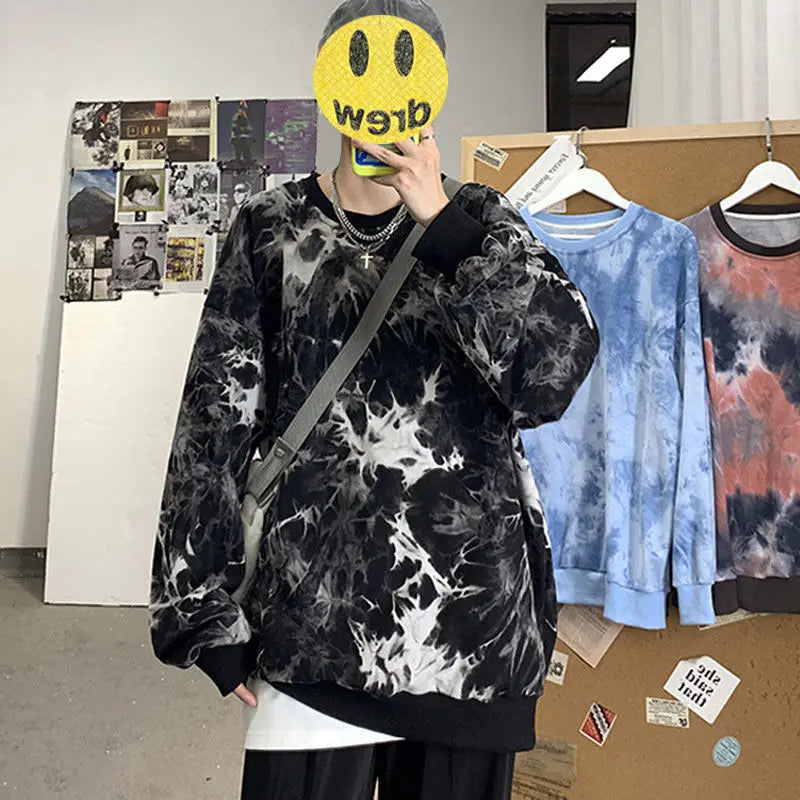 High Street Tie Dye Loose Hoodies Spring Autumn New Long Sleeve O-neck Korean Plus Size Pullovers Top Casual Fashion Men Clothes