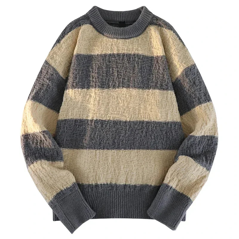 Men's New Black and White Striped Sweater Men's Autumn and Winter Loose Pullover Casual Top Men's Homestay Casual Warmth