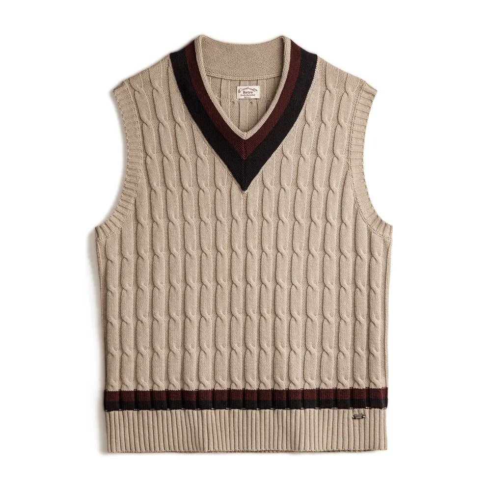Retro Ivy Knit V-Neck Sweaters Vest Color-Block Sleeveless Classic Versatile Men's Khaki Tops with Preppy Style for Autumn