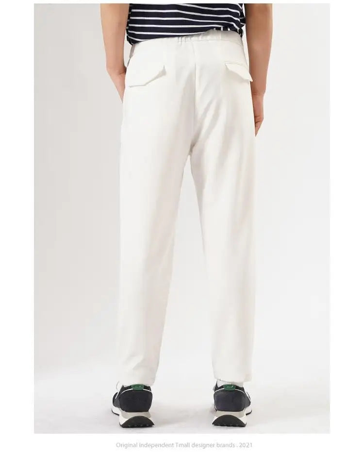 White Stretch Casual Ankle Pants Silhouette Men's Elegant Suit Pants Summer Korean Straight Loose Men's Smart Casual Trousers