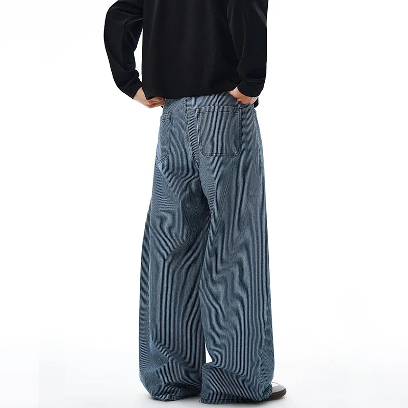 Autumn New Striped Jeans Men's Retro Wash Loose Wide-leg Denim Pants American High Street Fashion Cotton Casual Trousers