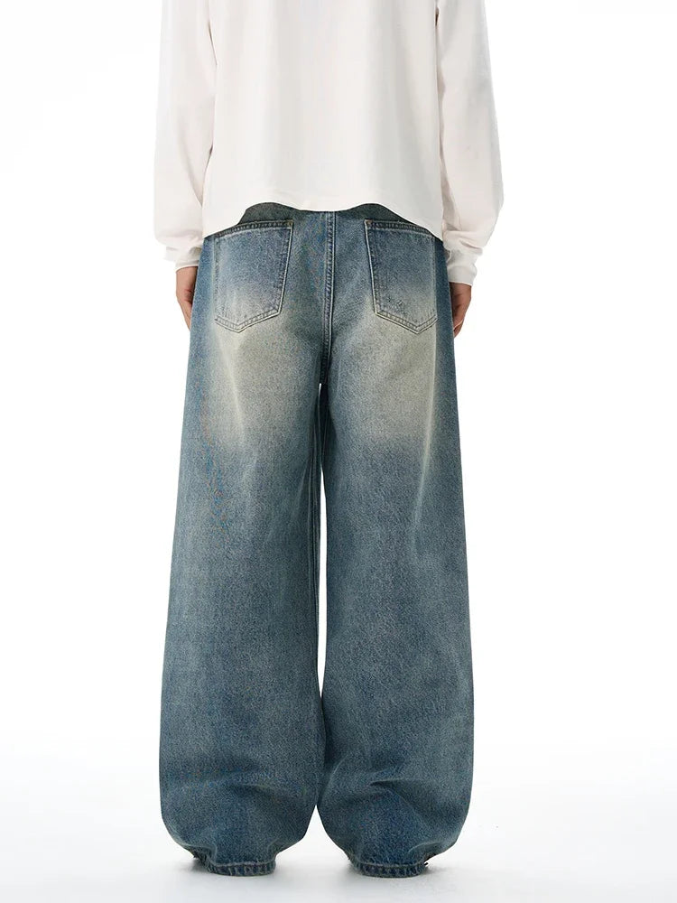2025 Autumn Men's Wide-leg Jeans Comfortable Loose Casual Straight Trousers American Classic Retro Wash Cotton Denim Pants