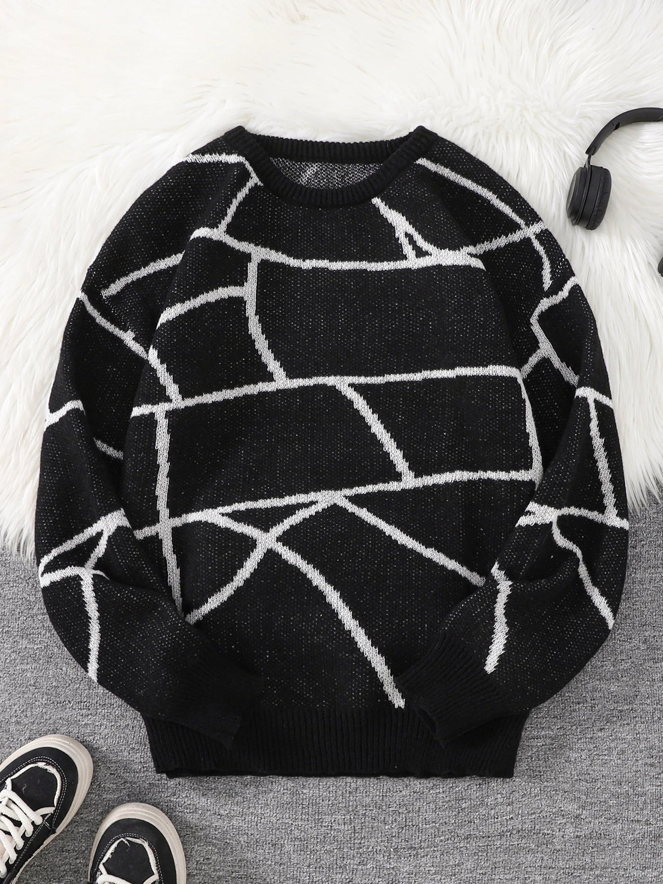 New Popular Autumn and Winter Broken Pattern Pullover Sweater Casual Round Neck Contrast Color Knitted Men's Pullover