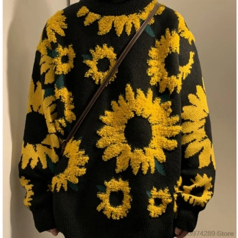 Sweater Winter Sunflower Warm Baggy Fashion Male O-Neck big Pullovers Sweater Men Loose Casual Sweater Thick Knitted Unisex