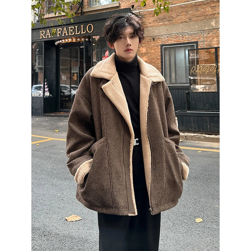 Men Winter Berber Fleece Jacket Parka Coat Mens Multi-pockets Stand Collar Casual Thick Warm Jacket Man Khaki/Dark Gray