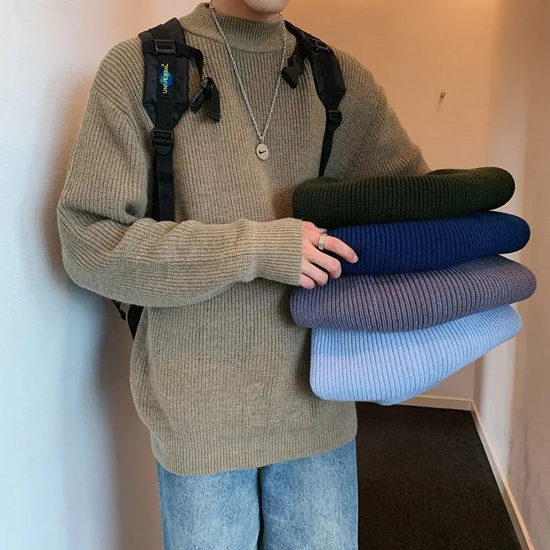 Autumn Winter New Fashion Long Sleeve Half High Collar Solid Pullovers Men's Clothing All-match Knitting Korean Simplicity Top