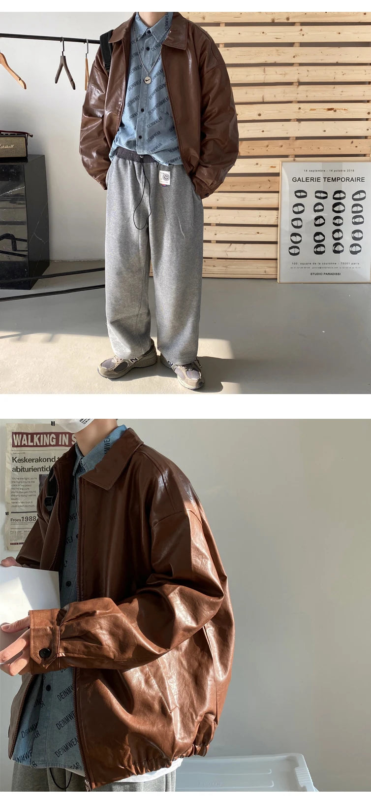 Autumn Street Trendy PU Leather Jacket Casual Textured Locomotive Zipper Turn-down Collar Solid Color Long Sleeve Men's Coats