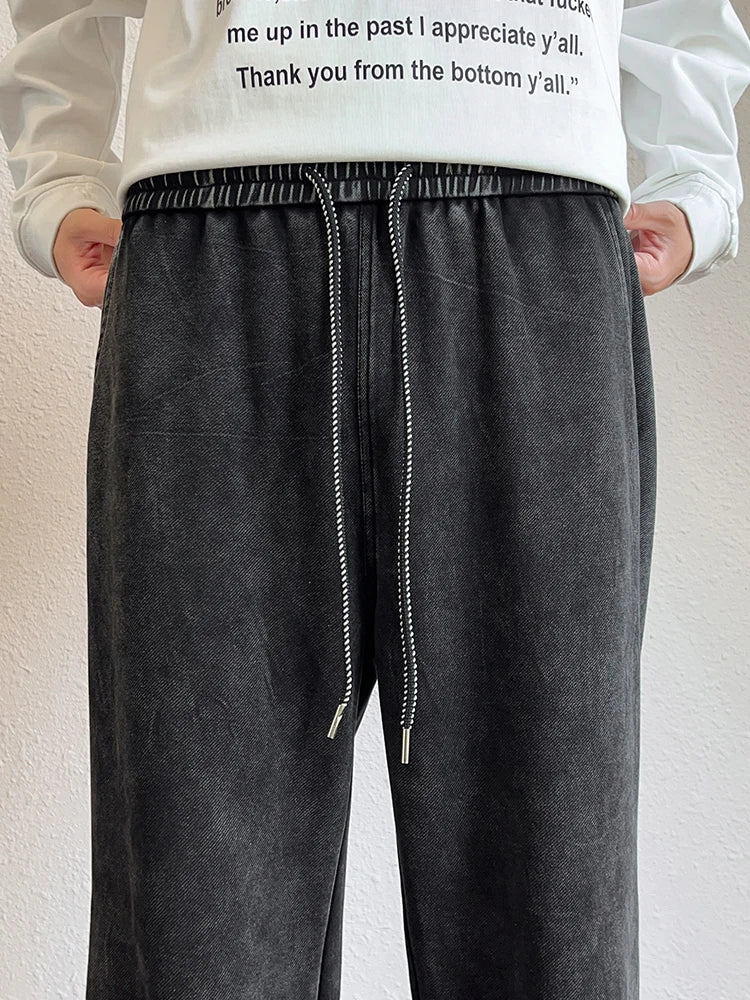 Mens Sweatpants High Street Acid Washed Cotton Elastic Waist Wide Leg Jogger Pants Drawstring Workout Long Pants