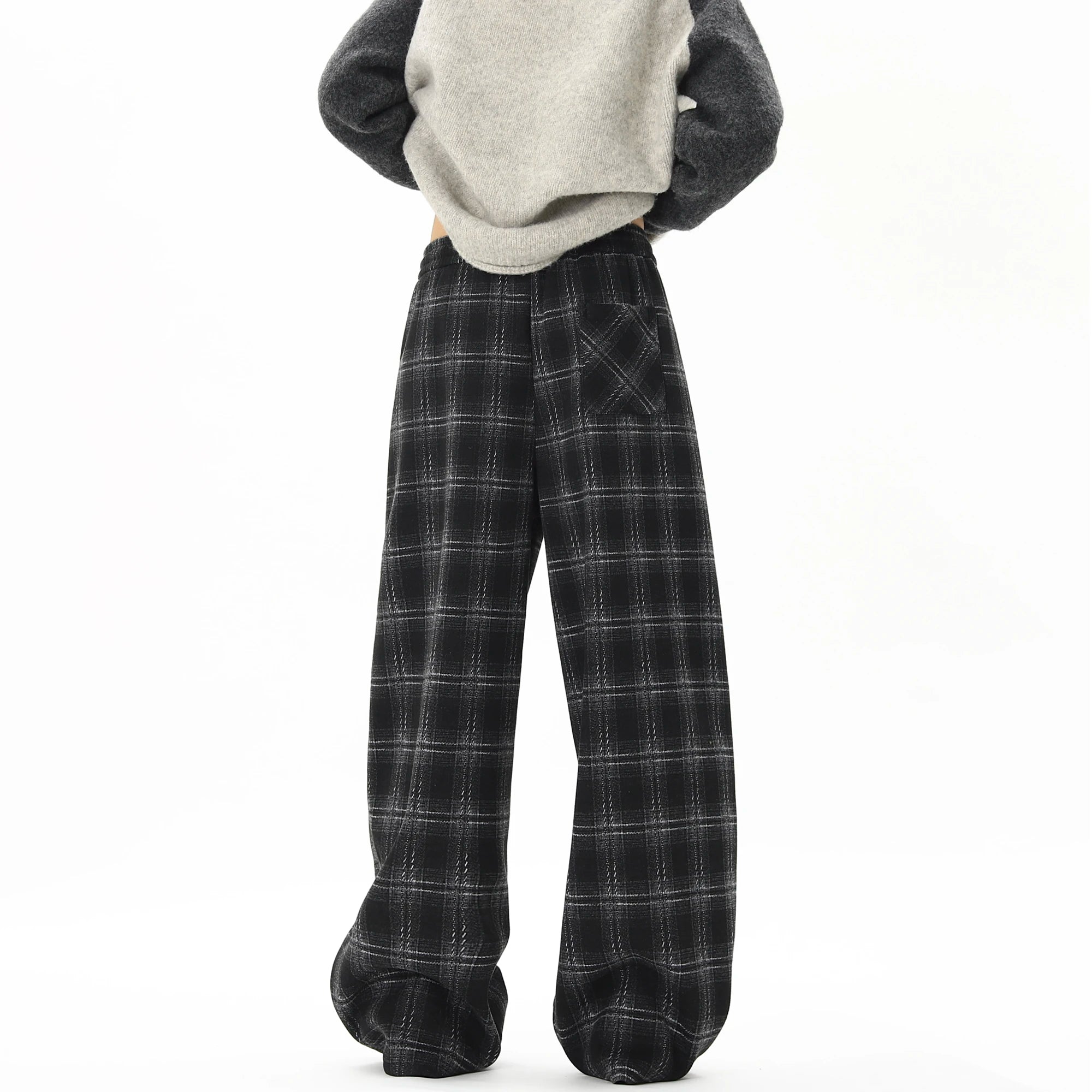 Winter Trendy Tartan Fleeced Plaid Casual Pants Men's Loose Straight Warm Long Pants Mopping Trousers For Men Black/Coffee