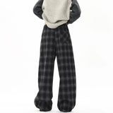 Winter Trendy Tartan Fleeced Plaid Casual Pants Men's Loose Straight Warm Long Pants Mopping Trousers For Men Black/Coffee