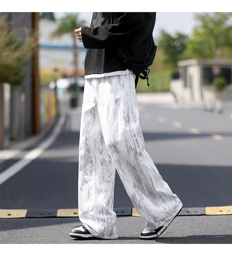 Jeans Mens Classic Straight Leg Jeans White Tie Dye Denim Pants Unisex Fashion Casual Trousers Streetwear Hip Hop Style Washed