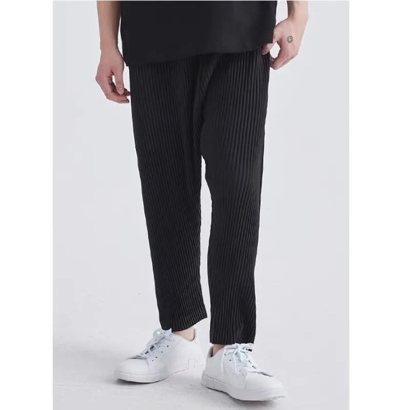 Summer Casual Pants Men Fashion Gray Black Pleated Pants Men Japanese Streetwear Loose Straight Pants Mens Ice Silk Trousers